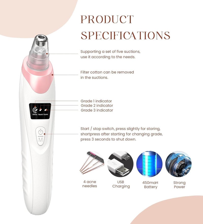 Gackoko 2025 Blackhead Remover Pore Vacuum,Facial Pore Cleaner-5 Suction Power,5 Probes,USB Rechargeable Blackhead Vacuum Kit Electric Acne Extractor Tool for Adult - Image 5